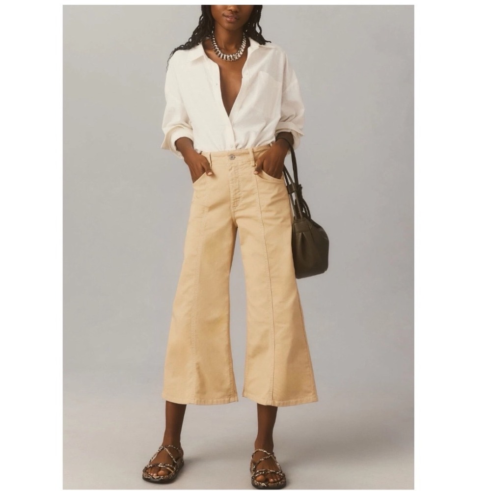 Maeve Anthropologie Delaney Clean Seamed wide leg crop pants tan size 29 petite
